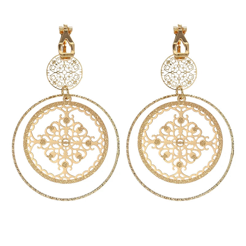 Hollowed Dsic Textured Round Clip on Earrings No Piercing Gold Color Big Circle Hoop Ear Clips for Women Girl Party Gift Jewelry