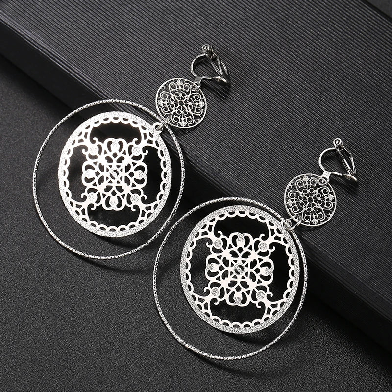 Hollowed Dsic Textured Round Clip on Earrings No Piercing Gold Color Big Circle Hoop Ear Clips for Women Girl Party Gift Jewelry