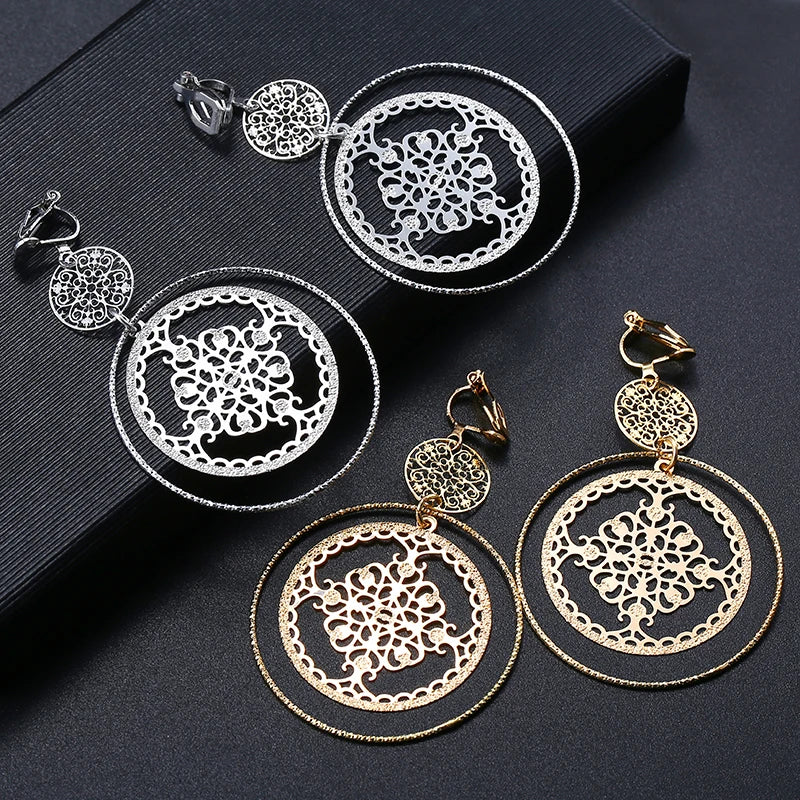 Hollowed Dsic Textured Round Clip on Earrings No Piercing Gold Color Big Circle Hoop Ear Clips for Women Girl Party Gift Jewelry