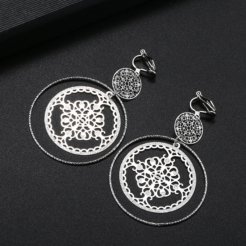 Hollowed Dsic Textured Round Clip on Earrings No Piercing Gold Color Big Circle Hoop Ear Clips for Women Girl Party Gift Jewelry