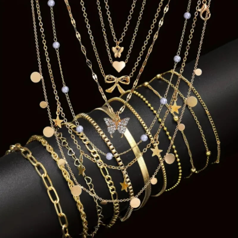 Random 1-5PCS Fashion Minimalist Jewelry For Women Vintage Twist Snake Bone Heart Butterfly Star Pendant Necklace Bracelet  No Box